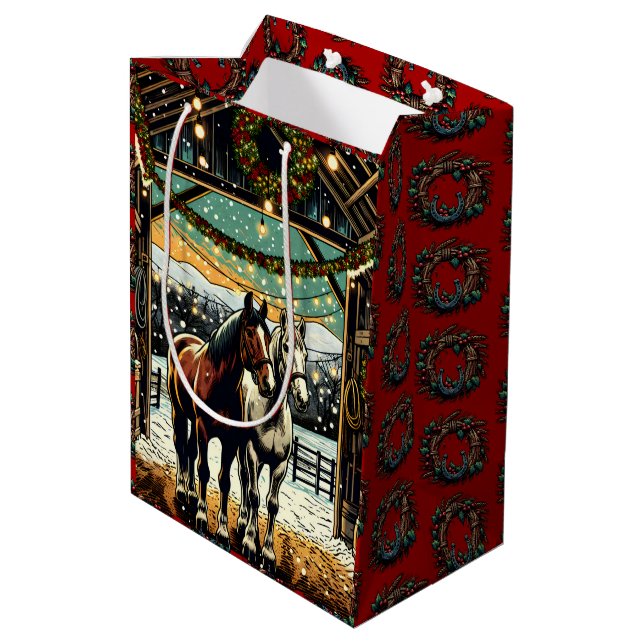 Merry Christmas Cartoon Horses   Medium Gift Bag (Back Angled)