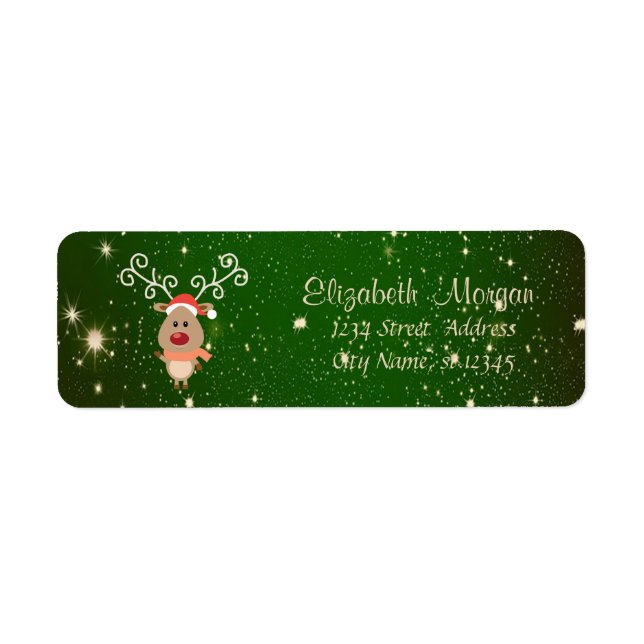 Merry Christmas,Cartoon Reindeer,Green Sparkles Return Address Label (Front)