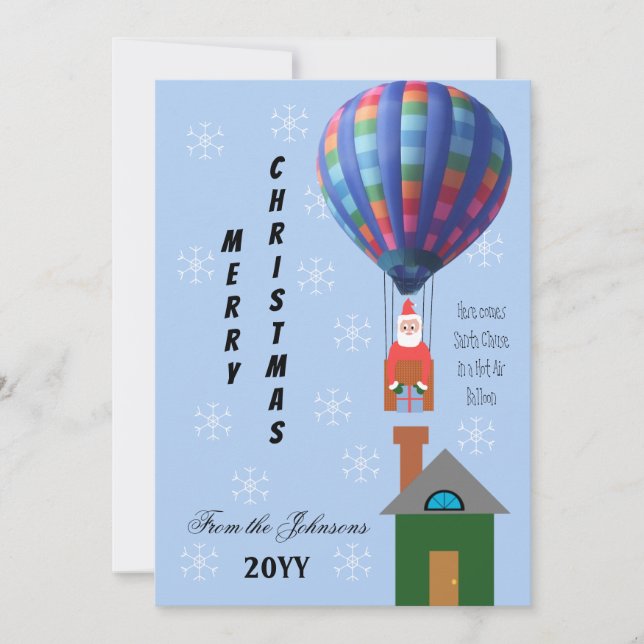 Merry Christmas Cartoon Santa in Hot Air Balloon Holiday Card (Front)