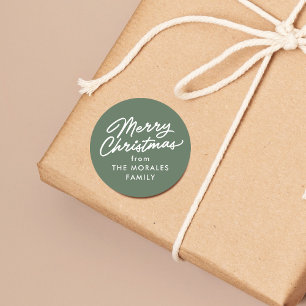 Merry Christmas casual script green holiday gift Classic Round Sticker