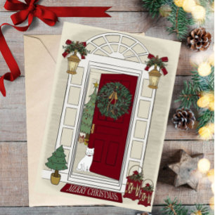 Merry Christmas Cat at the door Greeting Card