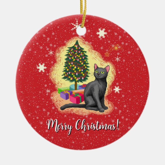 Merry Christmas Cat Ceramic Ornament (Front)