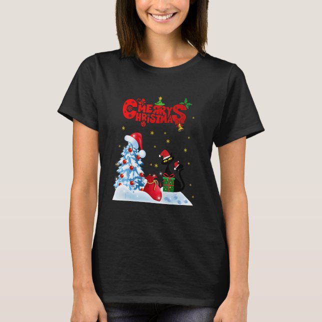 Merry Christmas Cat Christmas Tree cat hat santa c T-Shirt (Front)