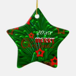 Merry Christmas Cat & Green Ceramic Ornament
