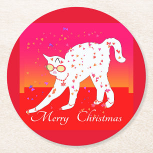 Merry Christmas Cat Holiday Round Paper Coaster