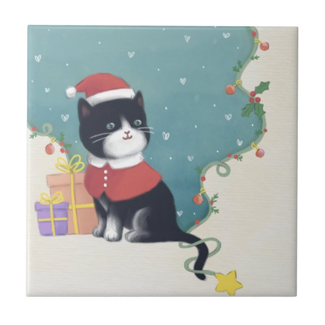 Merry Christmas: Cat Illustration Art Ceramic Tile (Front)
