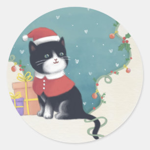 Merry Christmas: Cat Illustration Art Classic Round Sticker