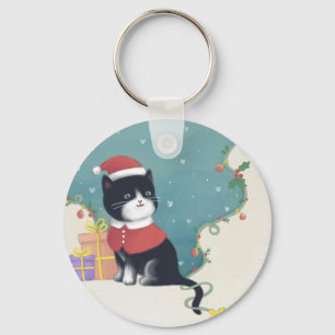 Merry Christmas: Cat Illustration Art Key Ring