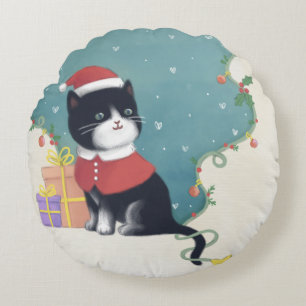 Merry Christmas: Cat Illustration Art Round Cushion