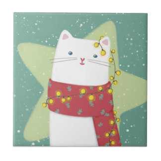Merry Christmas: Cat Illustration Ceramic Tile