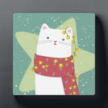 Merry Christmas: Cat Illustration Plaque<br><div class="desc">A cute illustration of a cat wearing a red scarf and wrapped in Christmas lights</div>