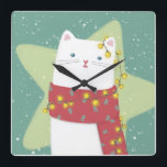 Merry Christmas: Cat Illustration Square Wall Clock<br><div class="desc">A cute illustration of a cat wearing a red scarf and wrapped in Christmas lights</div>
