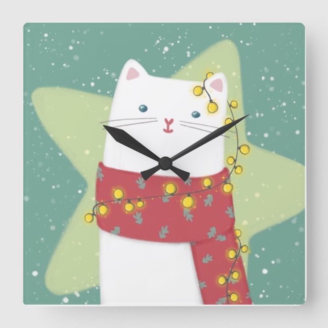 Merry Christmas: Cat Illustration Square Wall Clock (Front)