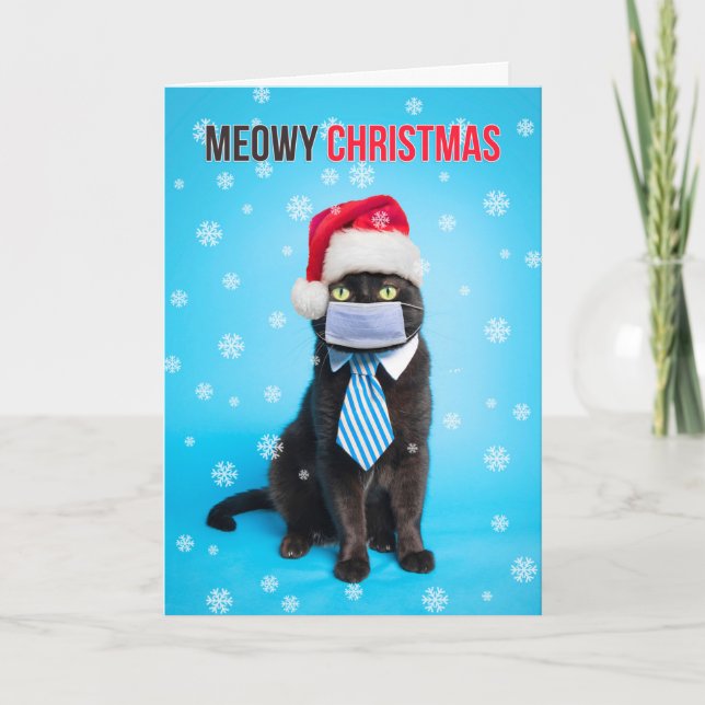Merry Christmas Cat in Face Mask Santa Hat and Tie Holiday Card (Front)