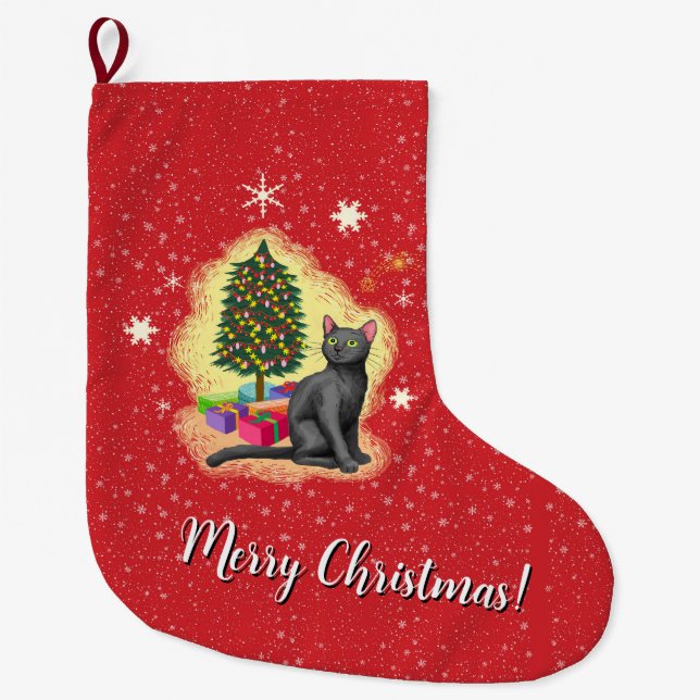 Merry Christmas Cat Large Christmas Stocking (Front)