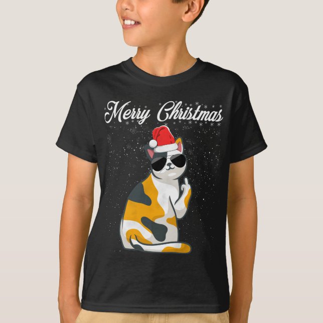 Merry Christmas Cat Middle Finger Rude Xmas Ugly C T-Shirt (Front)