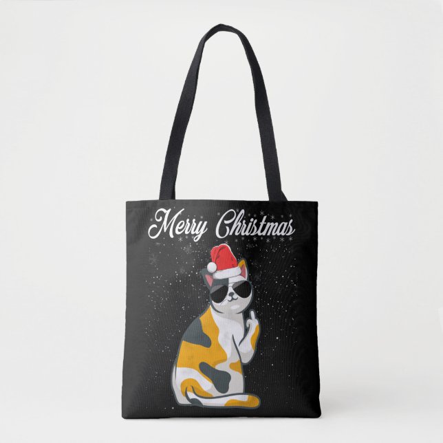 Merry Christmas Cat Middle Finger Rude Xmas Ugly C Tote Bag (Front)