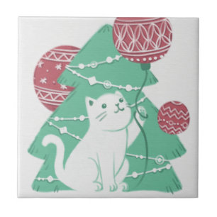 Merry Christmas: Cat & Ornaments Ceramic Tile