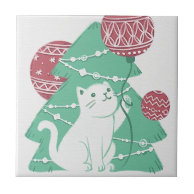 Merry Christmas: Cat & Ornaments Ceramic Tile (Front)