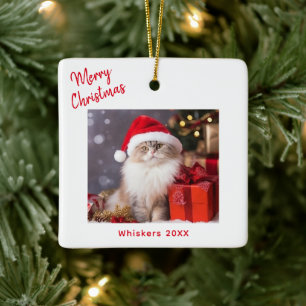 Merry Christmas Cat Photo Holiday Ceramic Ornament