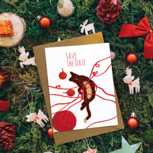 Merry Christmas Cat- Playful Cat with Red Ribbons  Save The Date