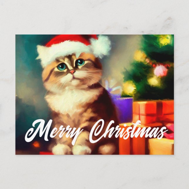 Merry christmas cat santa claus postcard (Front)