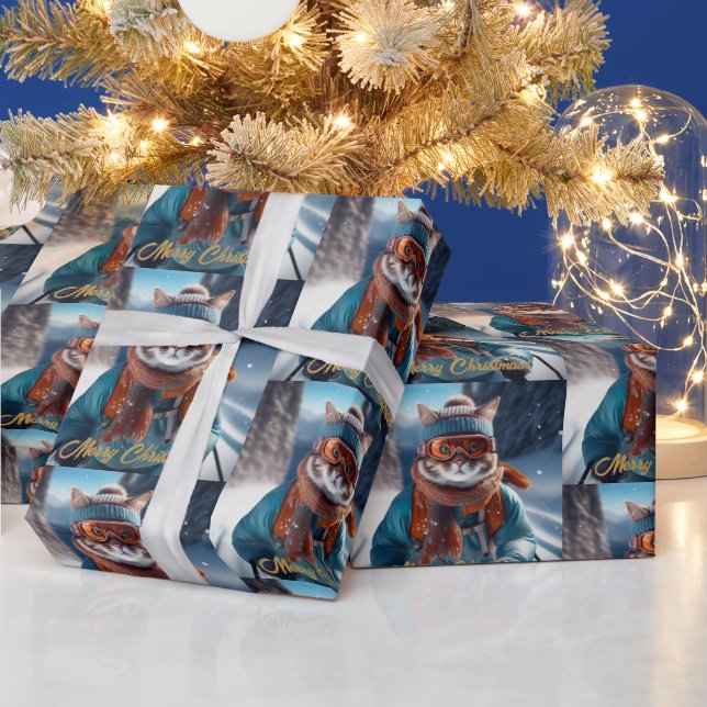 Merry Christmas Cat skiing  Wrapping Paper (Holidays)