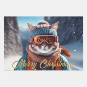 Merry Christmas Cat skiing Wrapping Paper Sheet