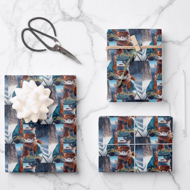Merry Christmas Cat skiing  Wrapping Paper Sheet (Front)