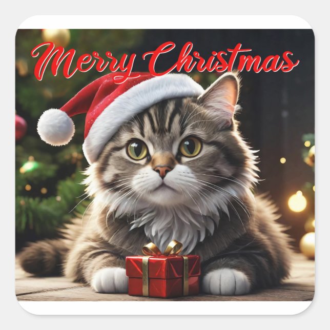 Merry Christmas Cat Square Sticker (Front)