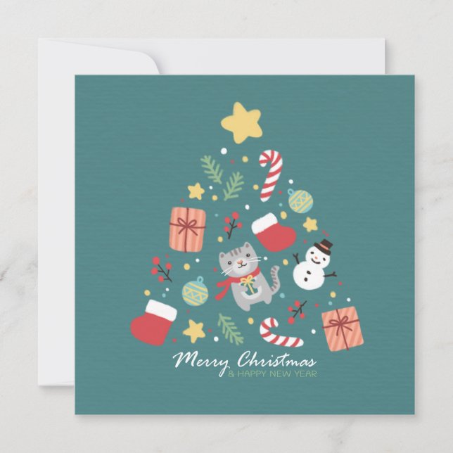Merry Christmas: Cat & Tree Illustration Card (Front)