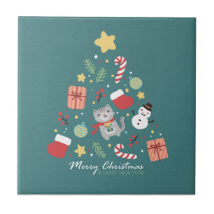 Merry Christmas: Cat & Tree Illustration Ceramic Tile