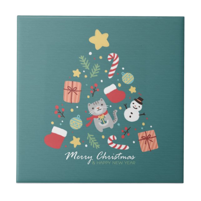 Merry Christmas: Cat & Tree Illustration Ceramic Tile (Front)