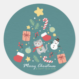 Merry Christmas: Cat & Tree Illustration Classic Round Sticker