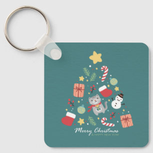 Merry Christmas: Cat & Tree Illustration Key Ring