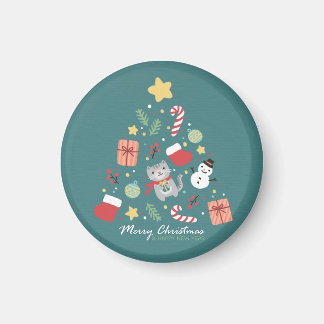 Merry Christmas: Cat & Tree Illustration Magnet (Front)