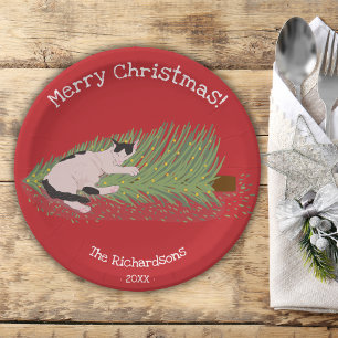Merry Christmas! Cat vs Christmas Tree Holidays Paper Plate