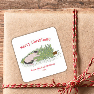 Merry Christmas! Cat vs Christmas Tree Holidays  Square Sticker