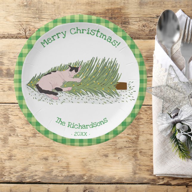 Merry Christmas! Cat vs Tree Green Gingham Paper Plate (Creator Uploaded)