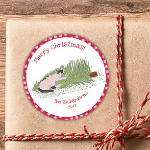 Merry Christmas Cat vs Tree Red Gingham Classic Round Sticker