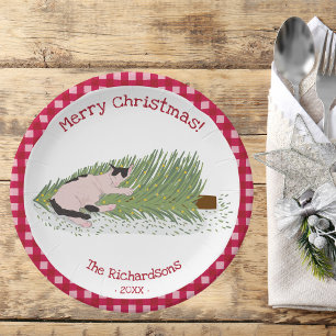 Merry Christmas! Cat vs Tree Red Gingham Paper Plate