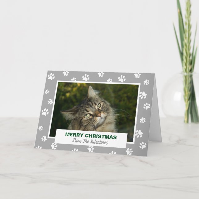 Merry Christmas Cat White Paw Prints Holiday Photo (Front)