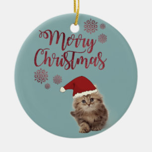 Merry Christmas,Cat With Santa Hat Ceramic Ornament