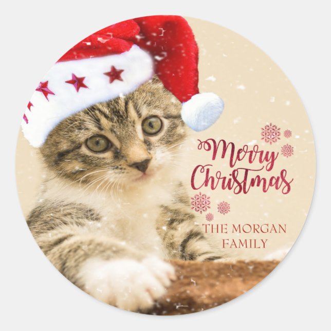 Merry Christmas,Cat With Santa Hat Classic Round Sticker (Front)