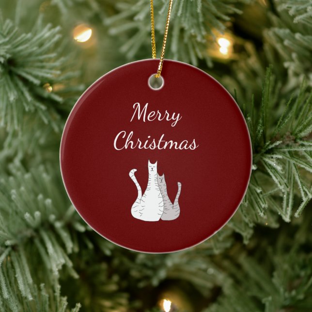 Merry Christmas Cats Elegant Script Red Ceramic Ornament (Tree)