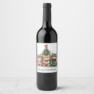 Merry Christmas Cats Wine Label