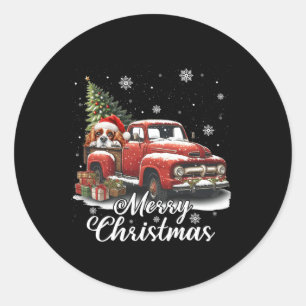 Merry Christmas Cavalier King Charles Dog Riding R Classic Round Sticker