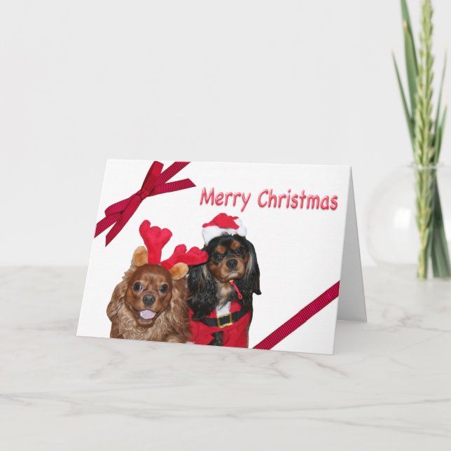 Merry Christmas Cavalier King Charles Red Ribbon Holiday Card (Front)