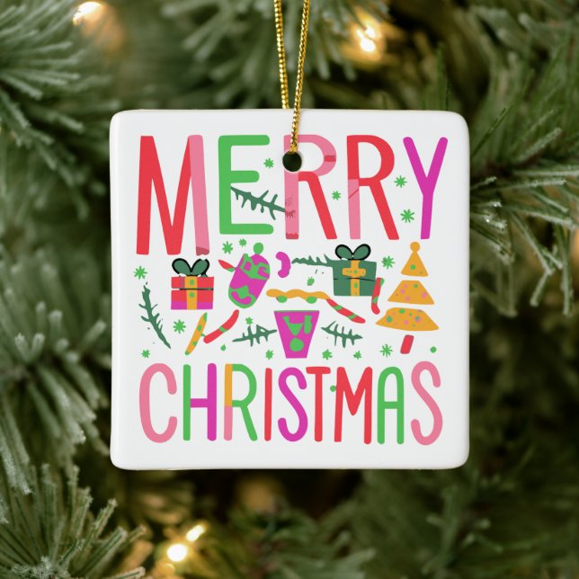Merry Christmas Ceramic Porcelain Square Ornament (Tree)