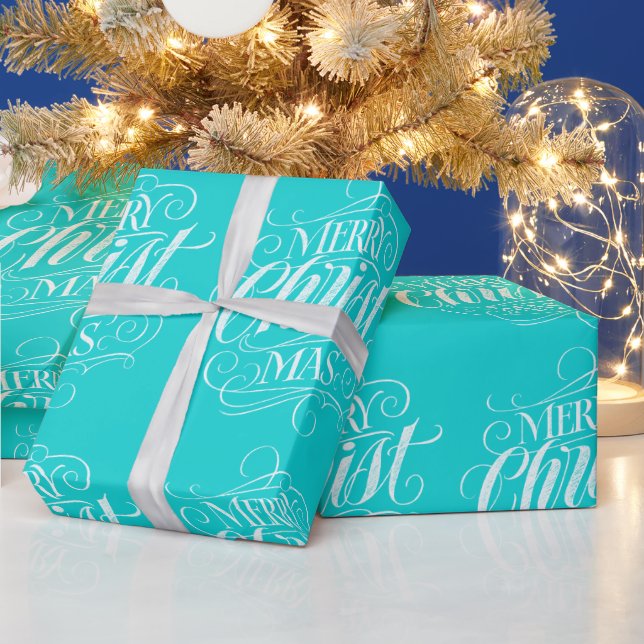 Merry Christmas Chalk Calligraphy Teal Blue Script Wrapping Paper (Holidays)